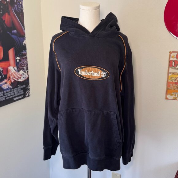 Timberland Retro Black and Orange Embrodiered Logo Hooded Sweatshirt - Picture 1 of 12